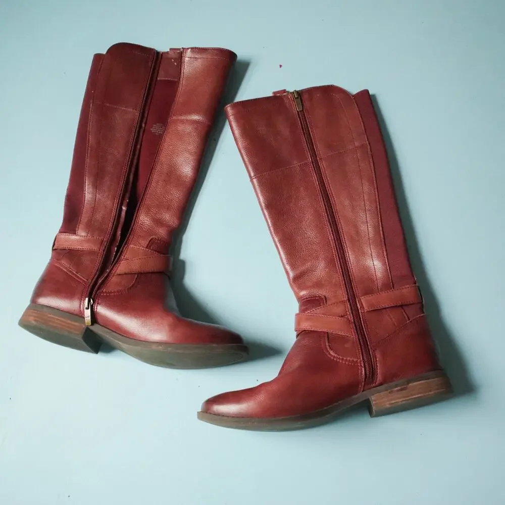 Marc Fisher Audrey Riding Boots Red Brown Leather Tall Buckle Womens 9 Classic